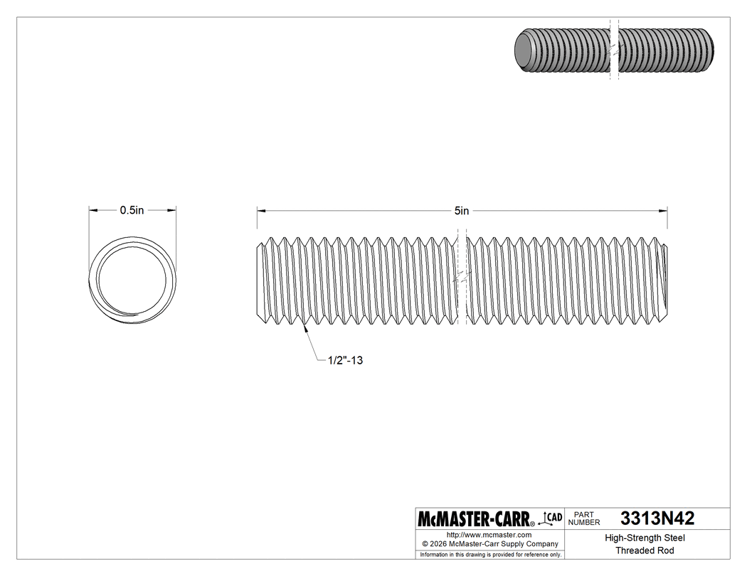 Technical Drawing of High-Strength Steel Threaded Rod, Zinc Yellow-Chromate Plated, 1/2"-13 Thread Size, 5" Long.